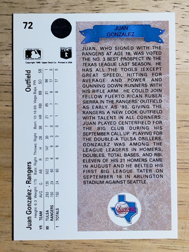 1990 Upper Deck #72 Juan Gonzalez RC
