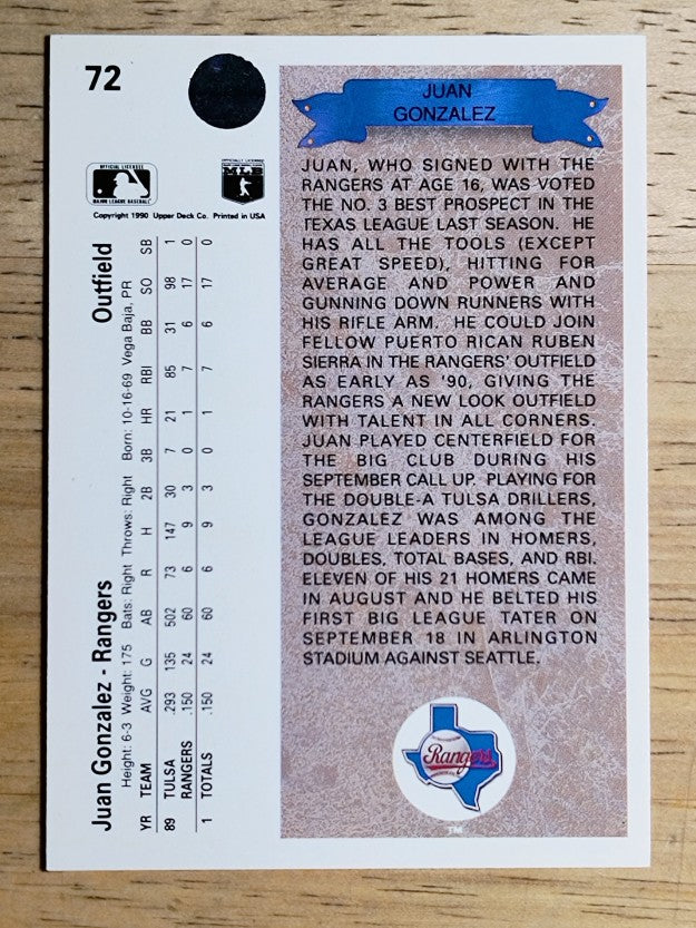 1990 Upper Deck #72 Juan Gonzalez RC