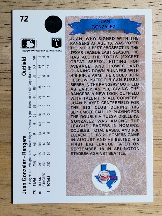 1990 Upper Deck #72 Juan Gonzalez RC