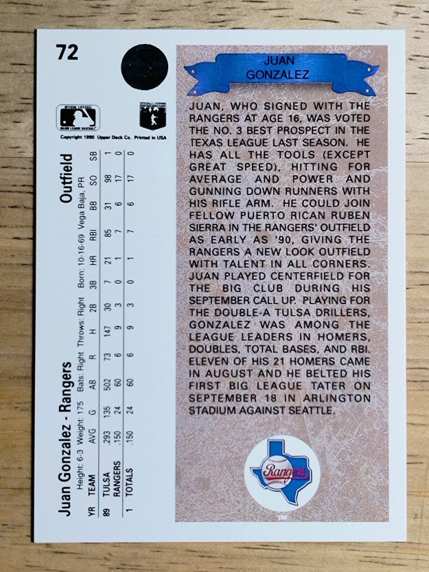 1990 Upper Deck #72 Juan Gonzalez RC