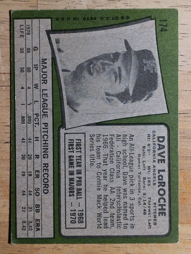 1971 Topps #174 Dave LaRoche RC (VGEX)