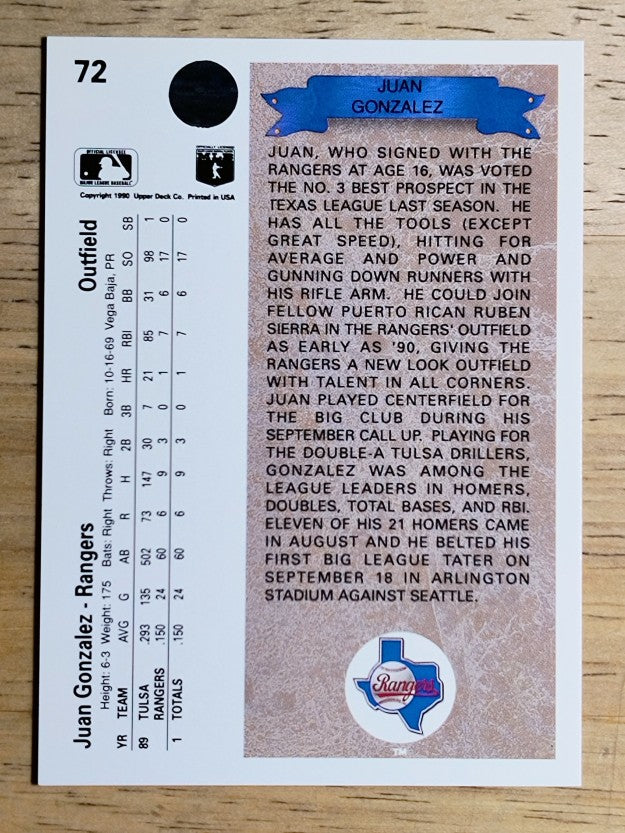 1990 Upper Deck #72 Juan Gonzalez RC