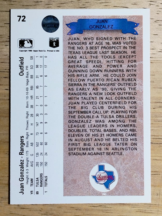 1990 Upper Deck #72 Juan Gonzalez RC