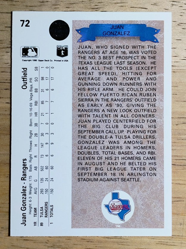 1990 Upper Deck #72 Juan Gonzalez RC