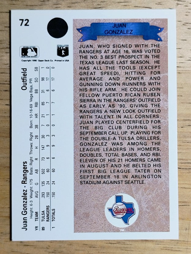 1990 Upper Deck #72 Juan Gonzalez RC