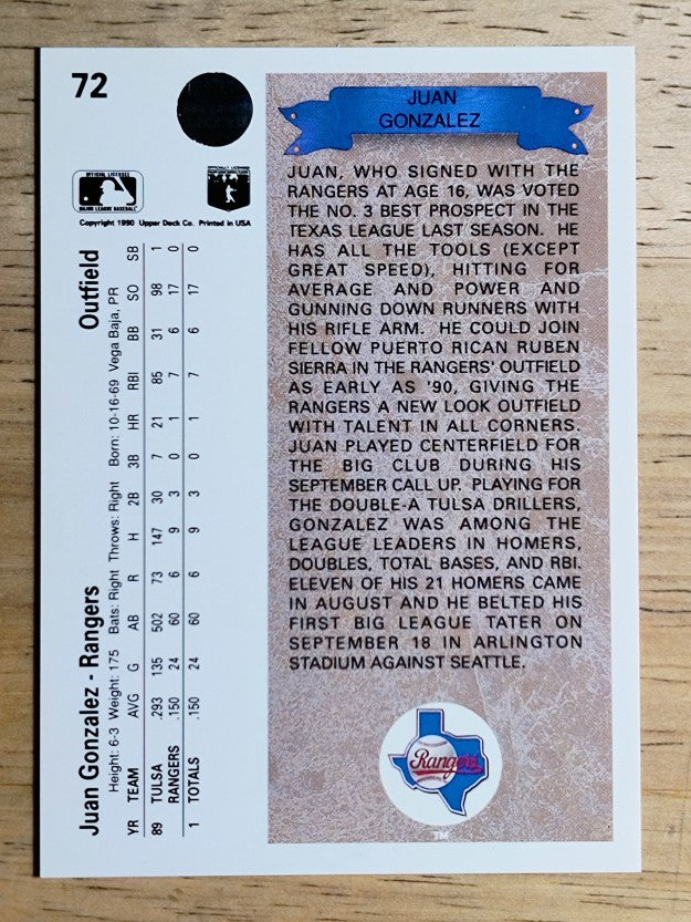 1990 Upper Deck #72 Juan Gonzalez RC