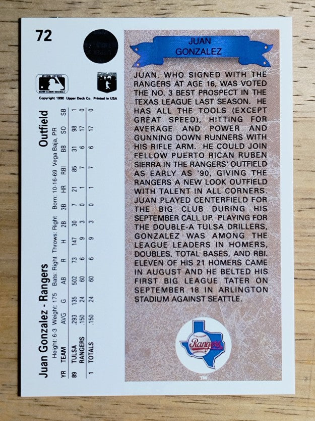 1990 Upper Deck #72 Juan Gonzalez RC