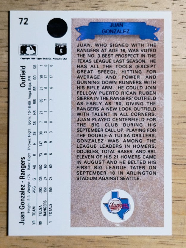 1990 Upper Deck #72 Juan Gonzalez RC