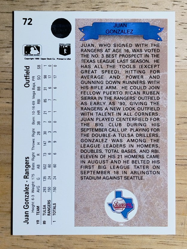 1990 Upper Deck #72 Juan Gonzalez RC