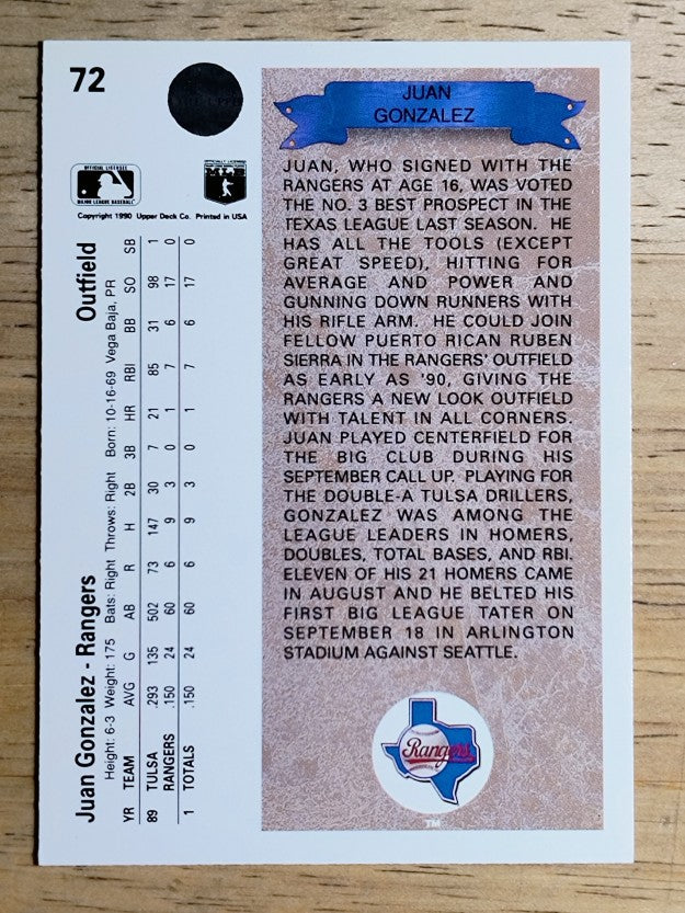 1990 Upper Deck #72 Juan Gonzalez RC
