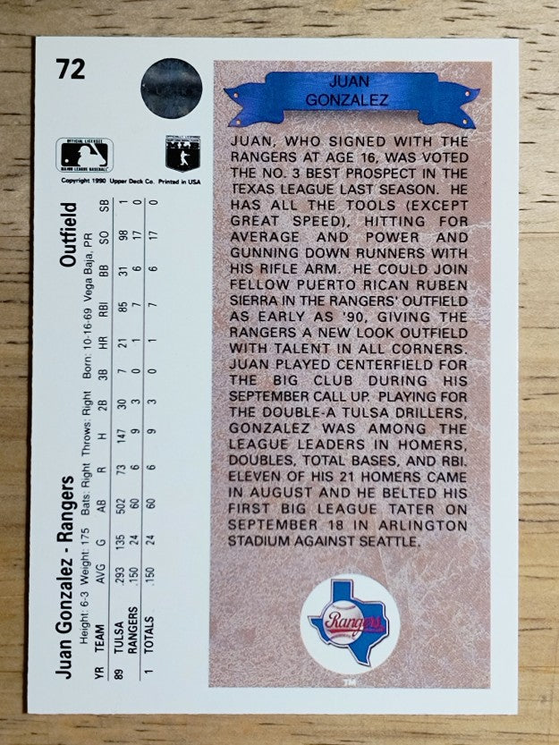 1990 Upper Deck #72 Juan Gonzalez RC