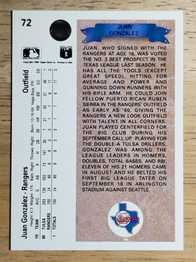 1990 Upper Deck #72 Juan Gonzalez RC