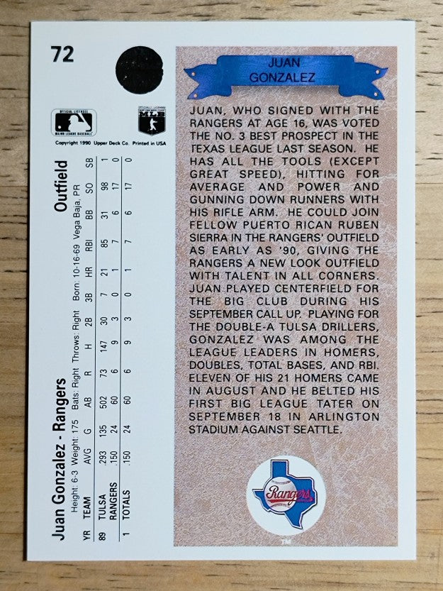 1990 Upper Deck #72 Juan Gonzalez RC