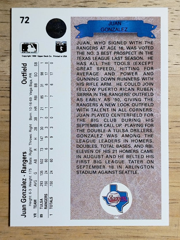 1990 Upper Deck #72 Juan Gonzalez RC