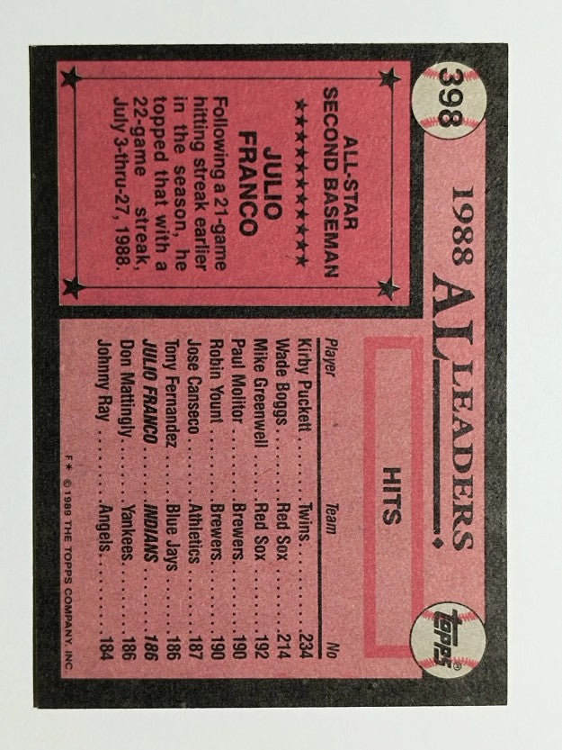 1989 Topps #398 Julio Franco AS