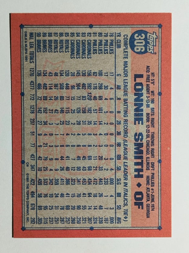 1991 Topps #306A Lonnie Smith ERR/136 games in '90