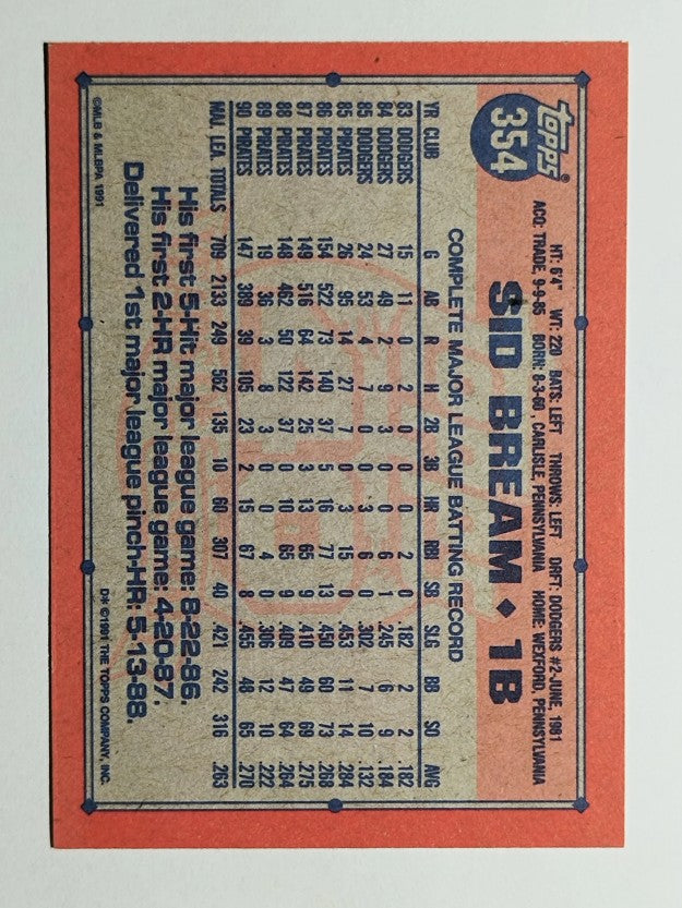 1991 Topps #354 Sid Bream