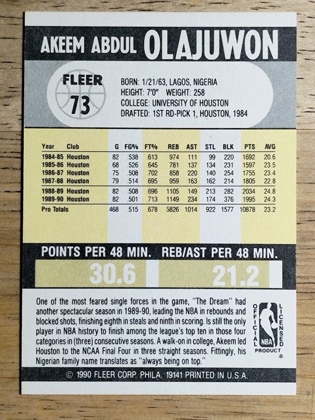 1990-91 Fleer #73 Hakeem Olajuwon