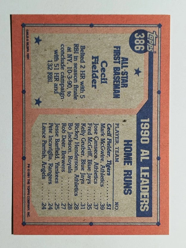 1991 Topps #386 Cecil Fielder AS