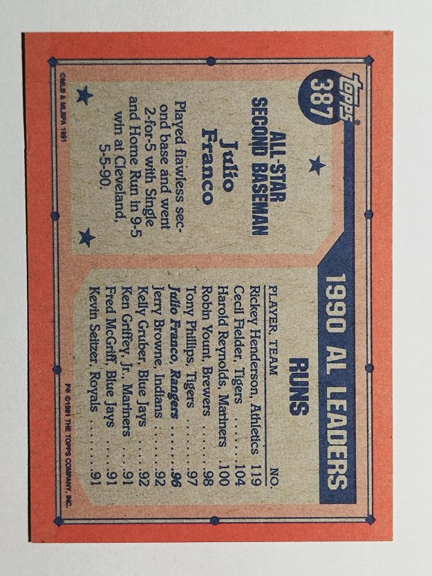 1991 Topps #387 Julio Franco AS