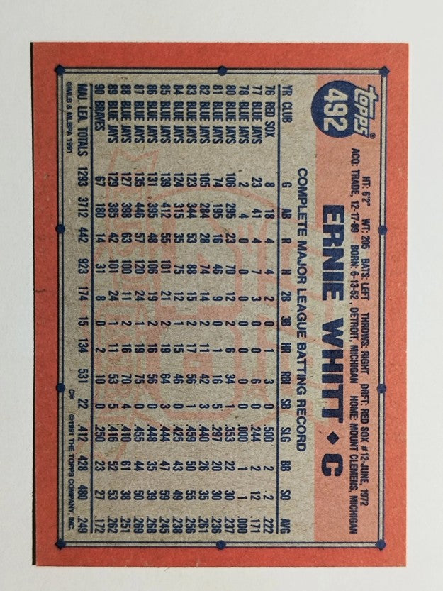 1991 Topps #492 Ernie Whitt