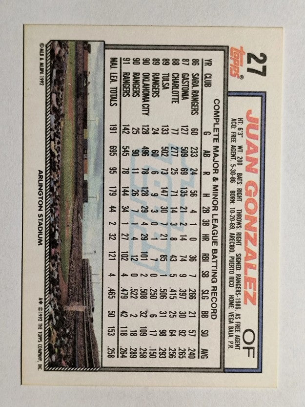 1992 Topps #27 Juan Gonzalez