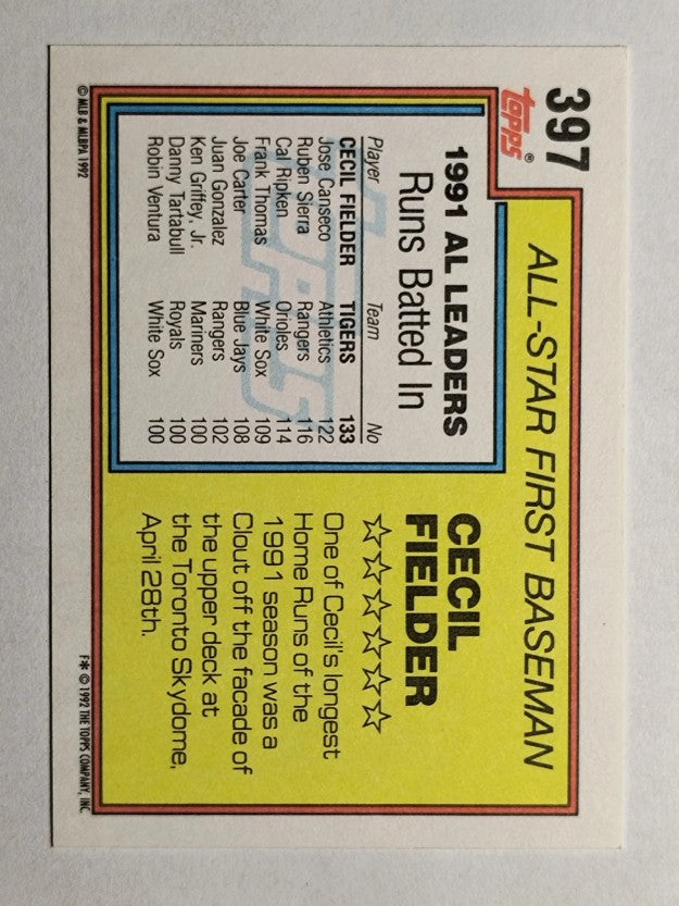 1992 Topps #397 Cecil Fielder AS