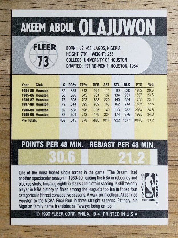 1990-91 Fleer #73 Hakeem Olajuwon