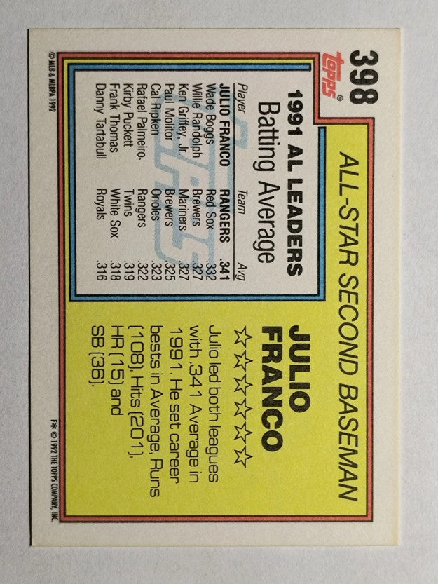 1992 Topps #398 Julio Franco AS