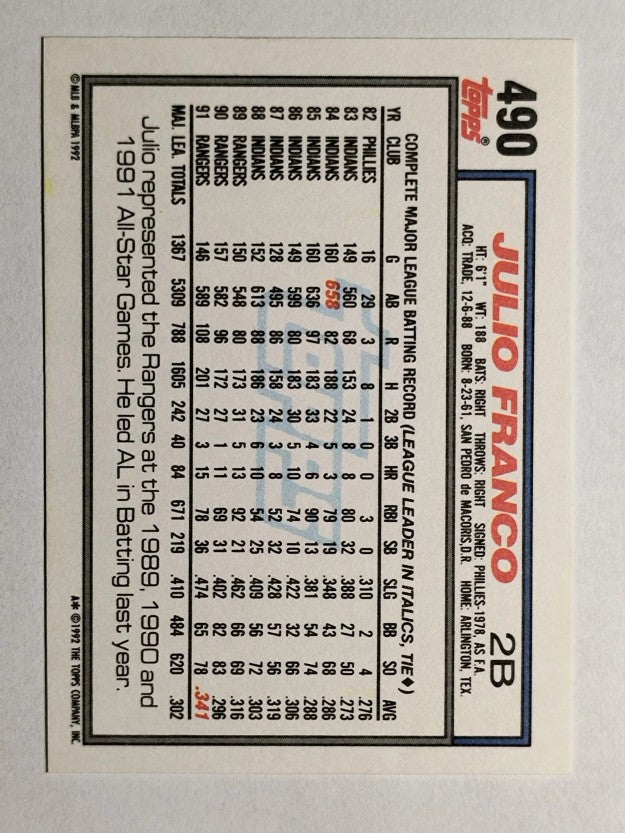 1992 Topps #490 Julio Franco