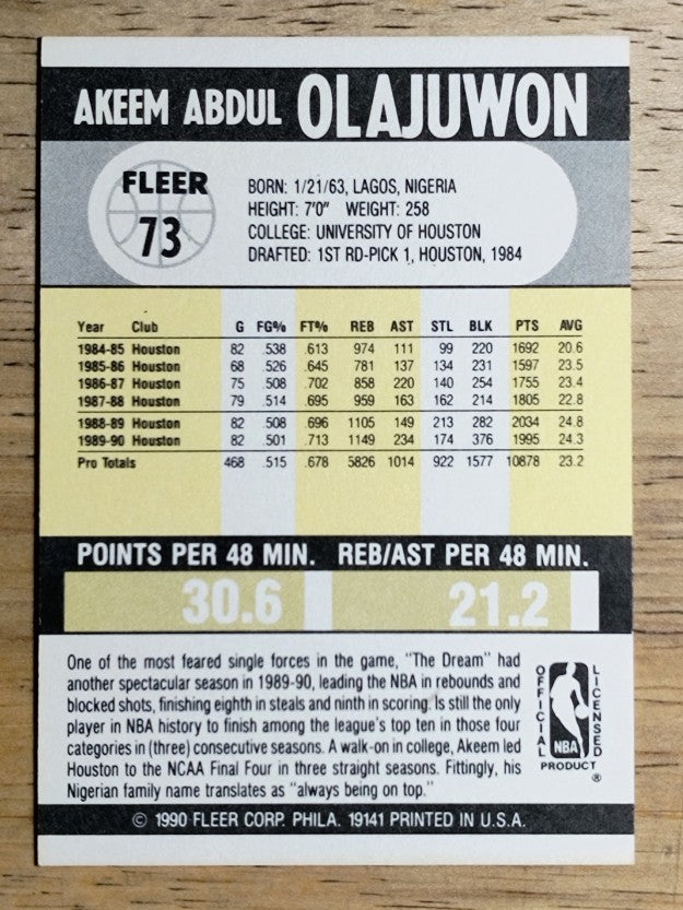 1990-91 Fleer #73 Hakeem Olajuwon