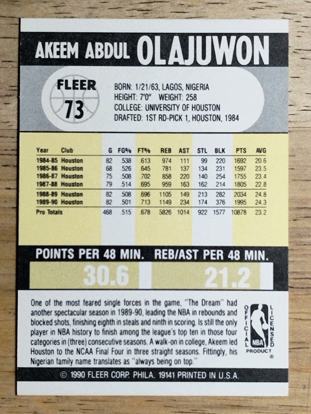 1990-91 Fleer #73 Hakeem Olajuwon