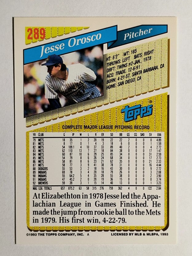 1993 Topps #289 Jesse Orosco