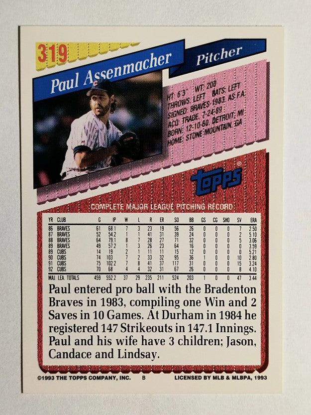 1993 Topps #319 Paul Assenmacher