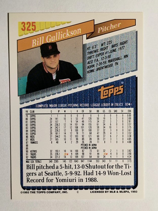 1993 Topps #325 Bill Gullickson