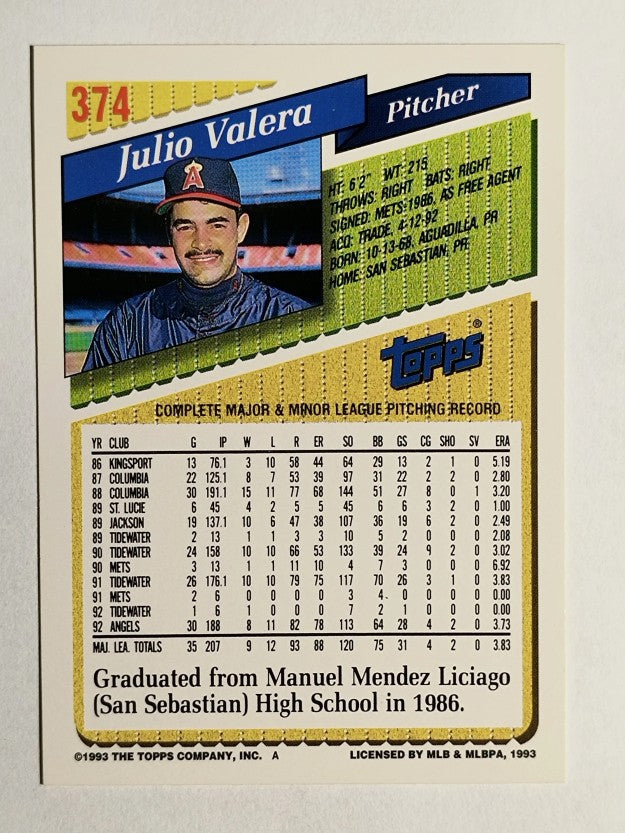1993 Topps #374 Julio Valera