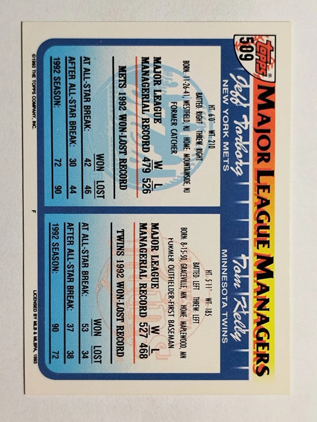 1993 Topps #509 Tom Kelly MG/Jeff Torborg MG