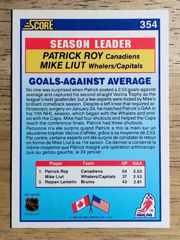 1990-91 Score Canadian #354 Patrick Roy/Mike Liut LL