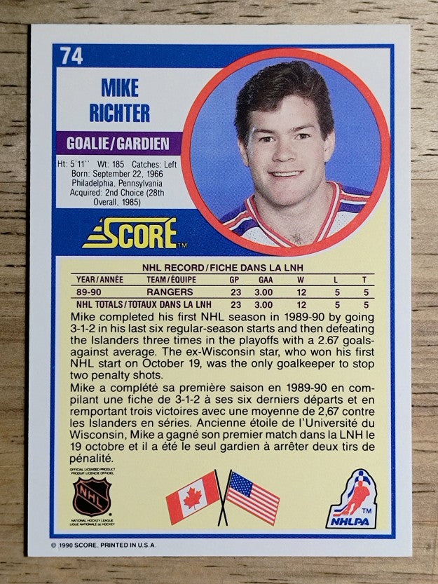 1990-91 Score Canadian #74 Mike Richter RC