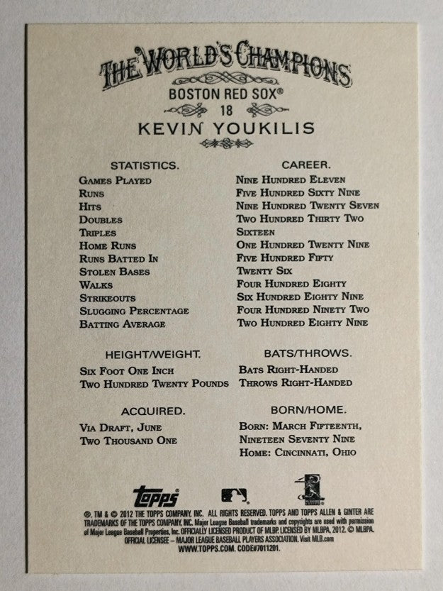 2012 Topps Allen and Ginter #18 Kevin Youkilis