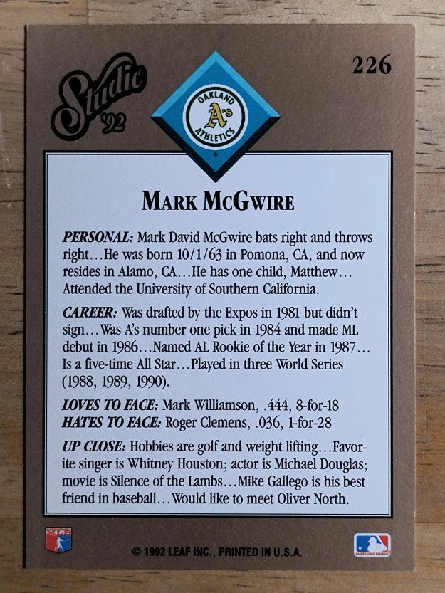 1992 Studio #226 Mark McGwire