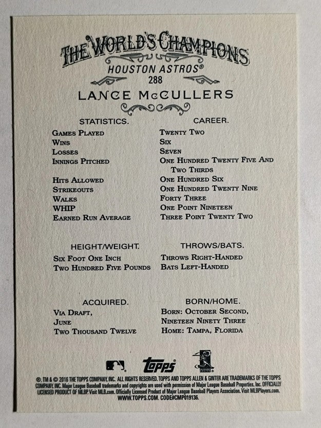 2016 Topps Allen and Ginter #288 Lance McCullers