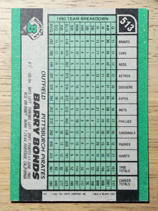 1991 Bowman #513 Barry Bonds