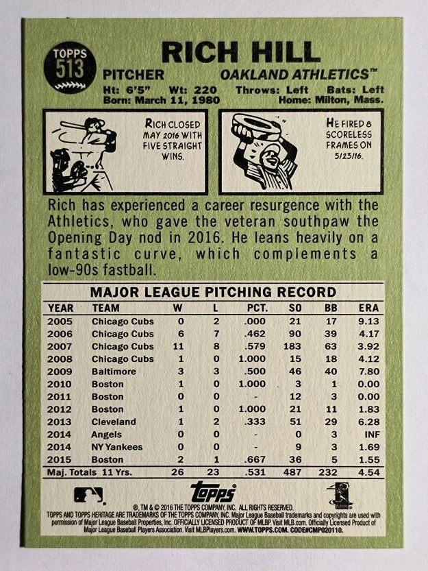 2016 Topps Heritage #513 Rich Hill