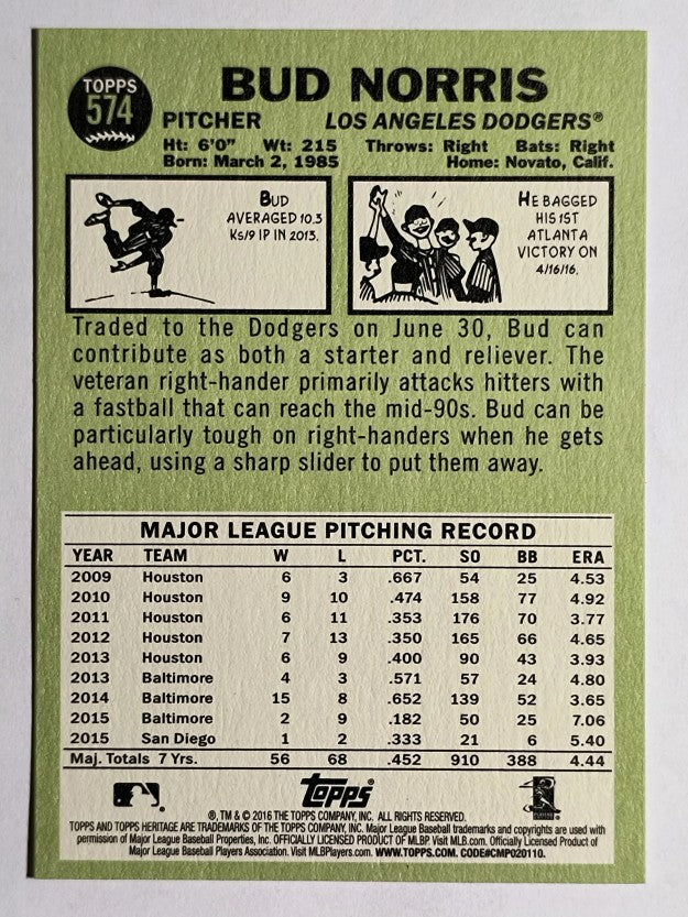 2016 Topps Heritage #574 Bud Norris