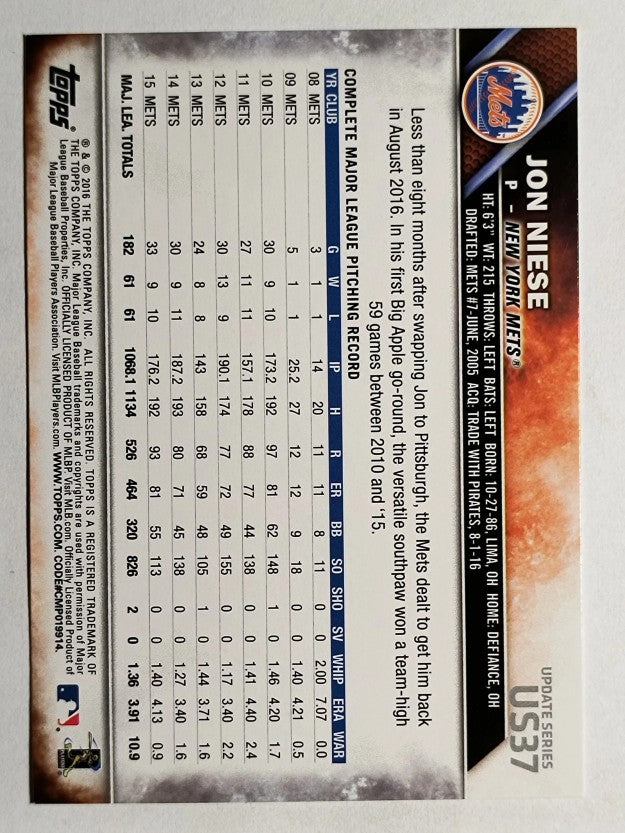 2016 Topps Update #US37 Jon Niese