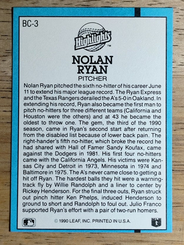 1991 Donruss Bonus Cards #BC3 Nolan Ryan NH