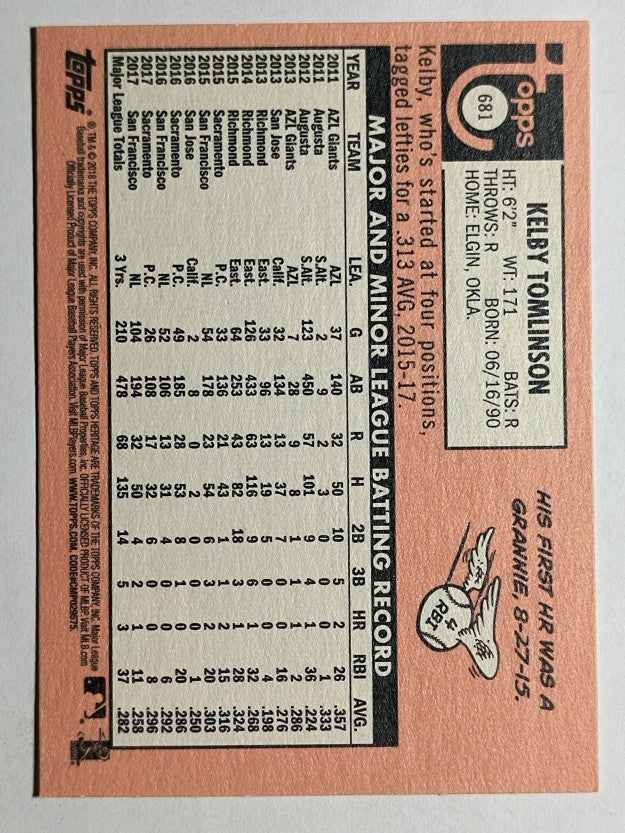 2018 Topps Heritage #681 Kelby Tomlinson