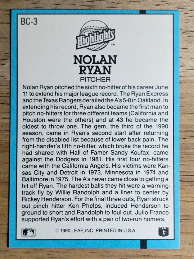 1991 Donruss Bonus Cards #BC3 Nolan Ryan NH