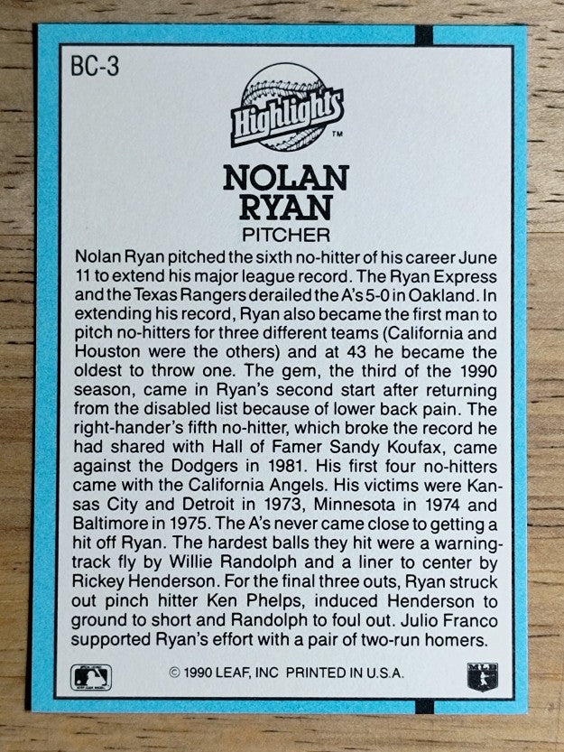 1991 Donruss Bonus Cards #BC3 Nolan Ryan NH